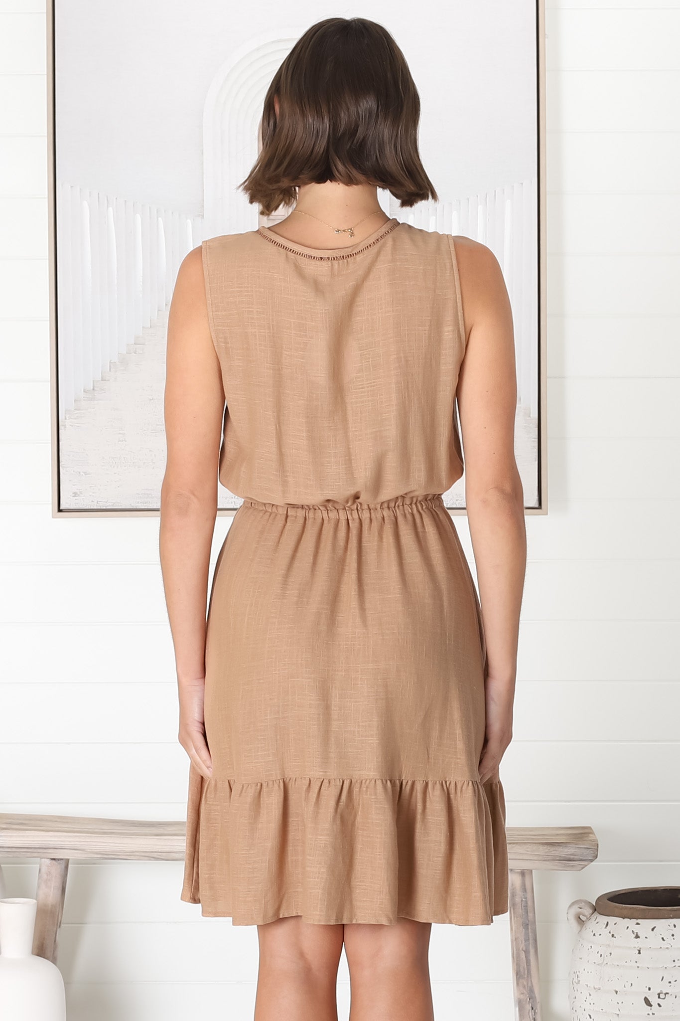 Cia Linen Mini Dress - Sleeveless Crochet Lattice Detail Pull Tie Waist Dress in Tan