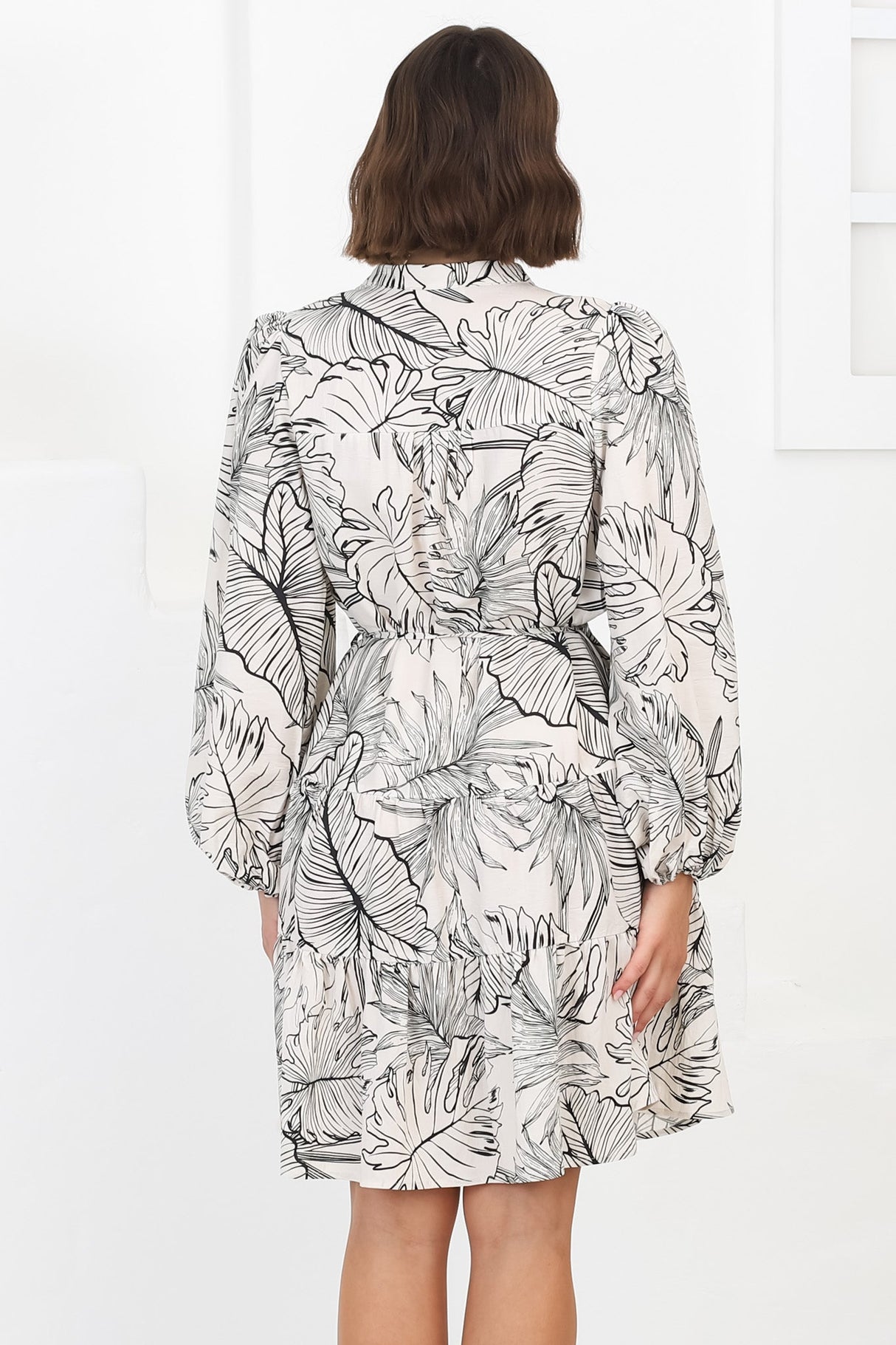 Cadell Mini Dress: Mandarin Collar Buttoned Down Dress Palm Print in Beige