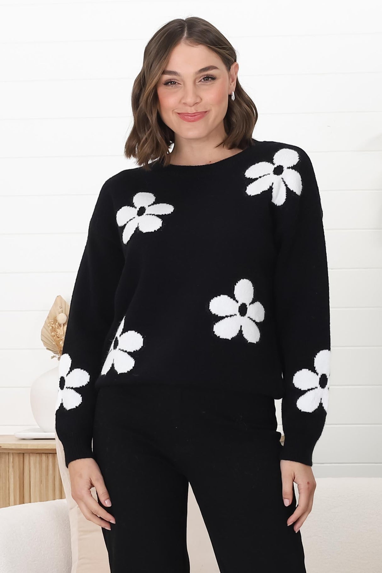 Courtney Jumper - Flower Detail Crew Neck Jumper in Black