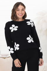 Courtney Jumper - Flower Detail Crew Neck Jumper in Black