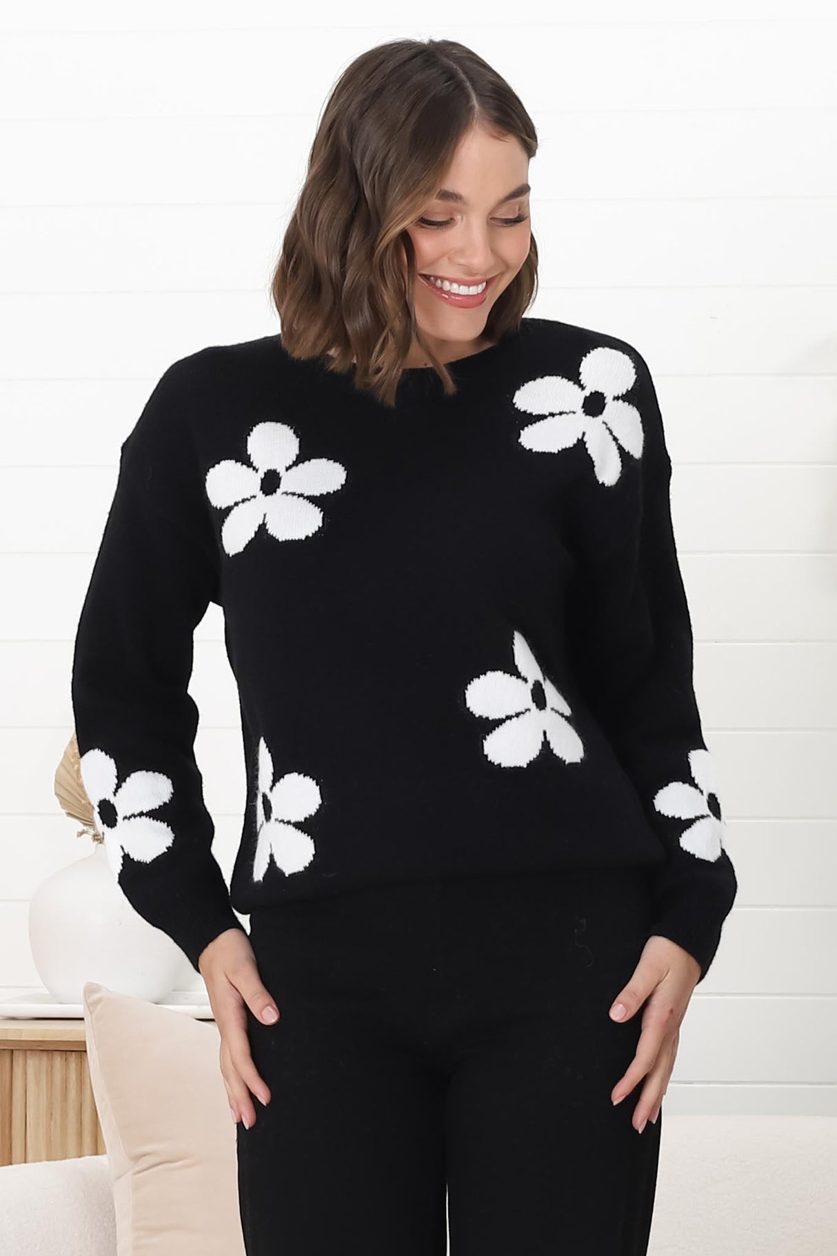 Courtney Jumper - Flower Detail Crew Neck Jumper in Black