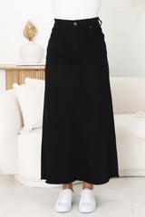 Granger Denim Maxi Skirt - High Waist Stretchy A-Line Skirt in Black