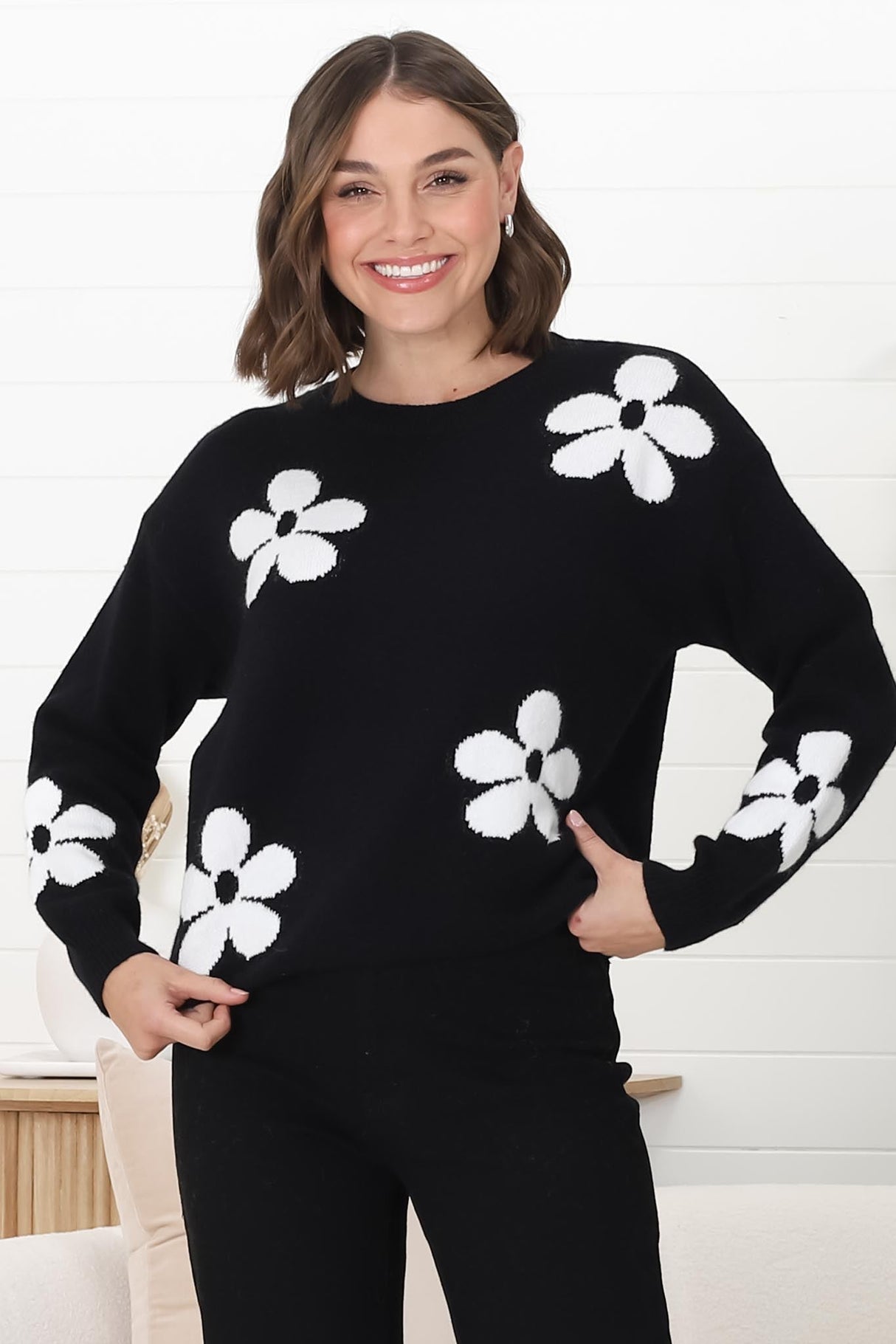 Courtney Jumper - Flower Detail Crew Neck Jumper in Black