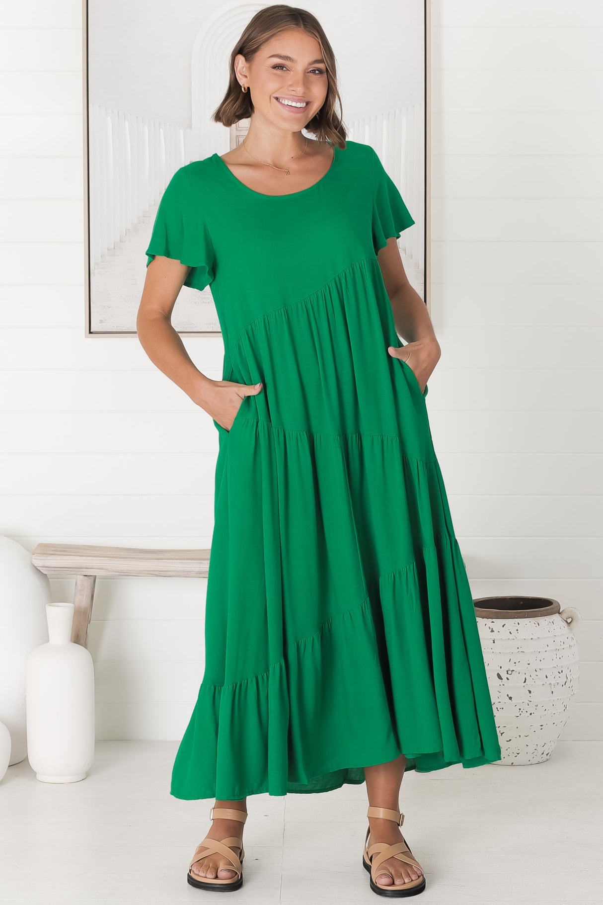 Allegra Midi Dress - Relaxed Asymmetric Tiered Linen Smock Dress in Green