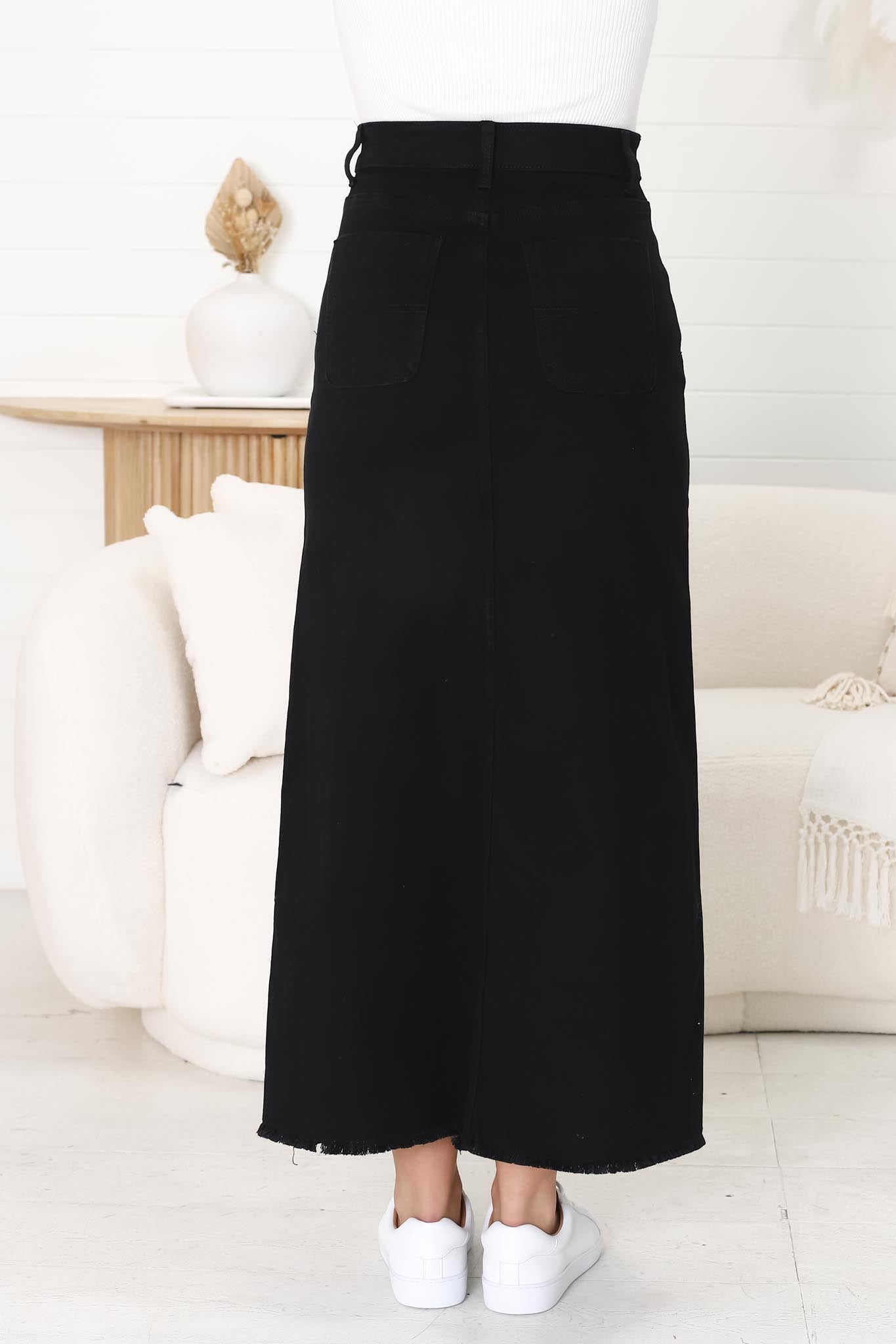 Granger Denim Maxi Skirt - High Waist Stretchy A-Line Skirt in Black