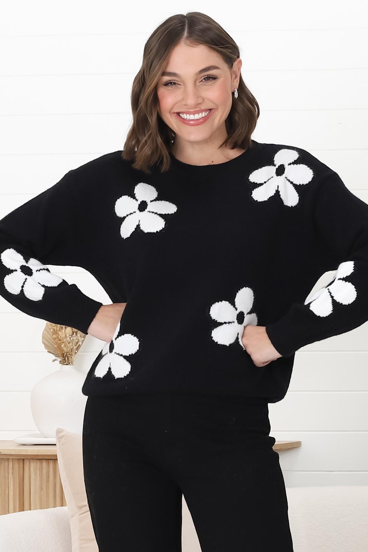 Courtney Jumper - Flower Detail Crew Neck Jumper in Black