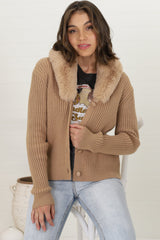 Braiden Cardigan - Detachable Faux Fur Collar Ribbed Cardigan in Camel