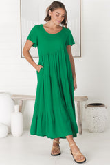 Allegra Midi Dress - Relaxed Asymmetric Tiered Linen Smock Dress in Green