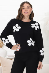 Courtney Jumper - Flower Detail Crew Neck Jumper in Black