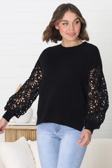 Carley Jumper - Crew Neck Lace Sleeve Knit in Black