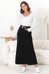 Granger Denim Maxi Skirt - High Waist Stretchy A-Line Skirt in Black