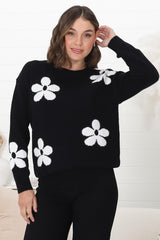 Courtney Jumper - Flower Detail Crew Neck Jumper in Black