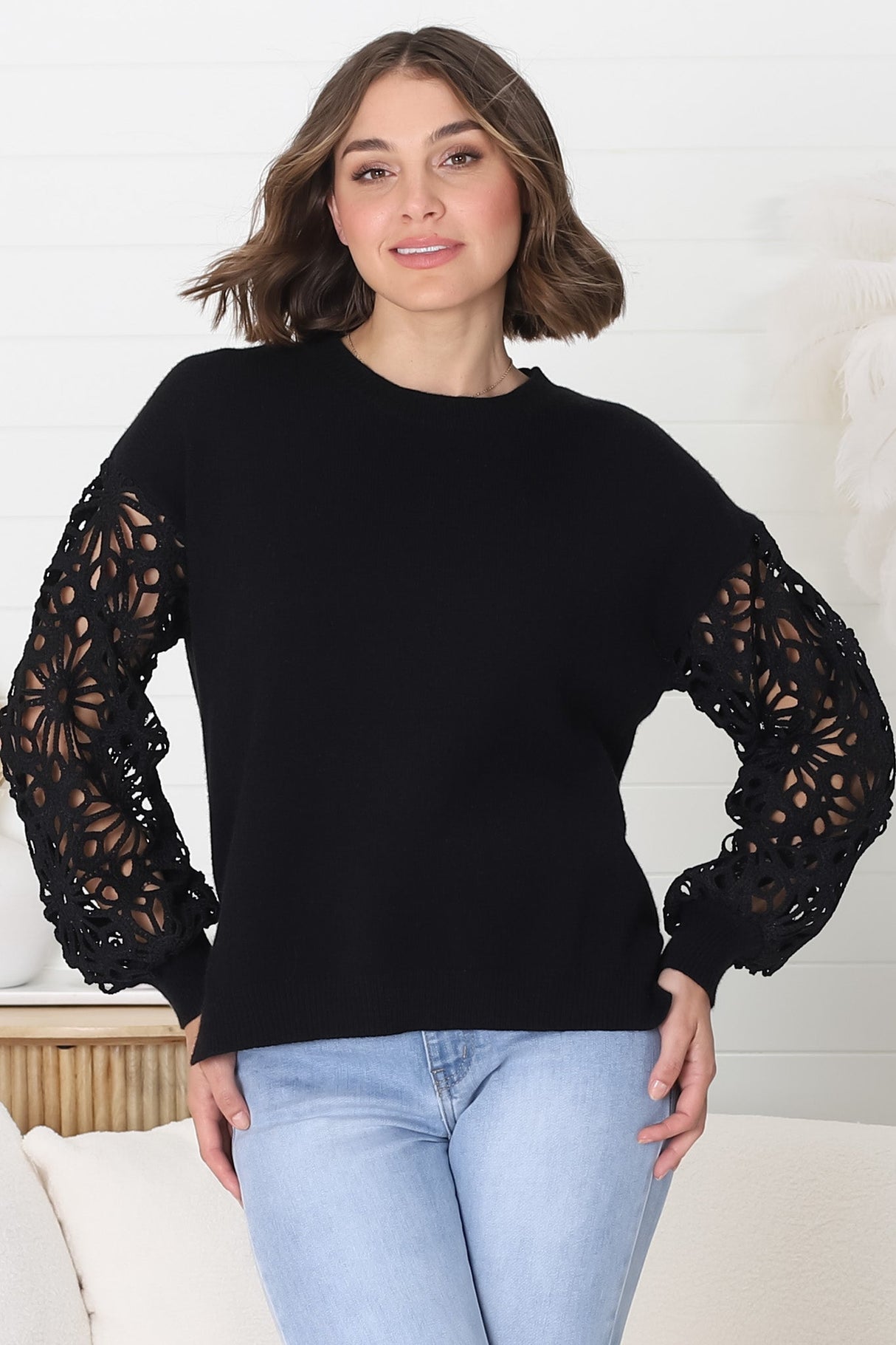 Carley Jumper - Crew Neck Lace Sleeve Knit in Black