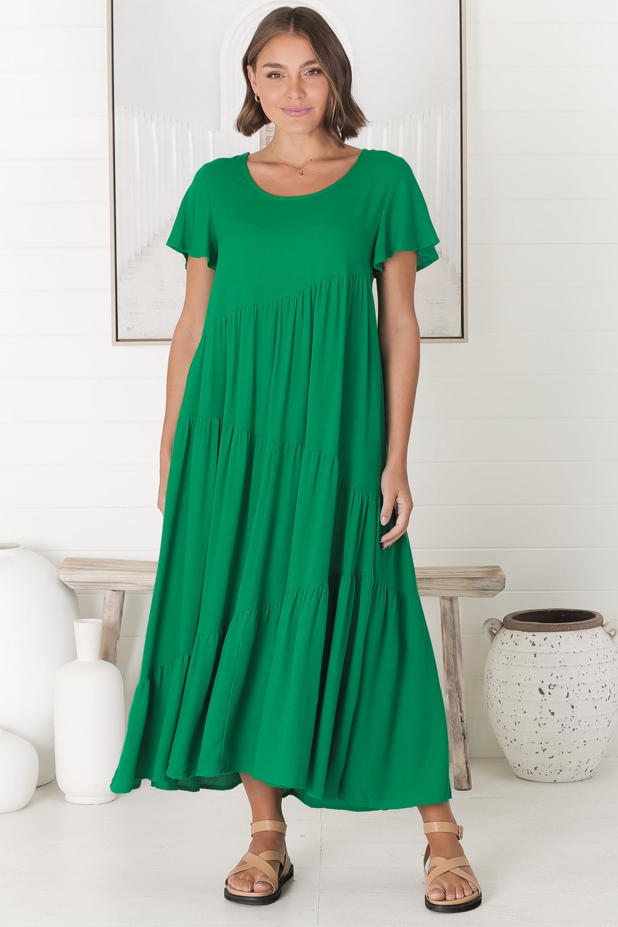 Allegra Midi Dress - Relaxed Asymmetric Tiered Linen Smock Dress in Green