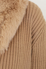 Braiden Cardigan - Detachable Faux Fur Collar Ribbed Cardigan in Camel