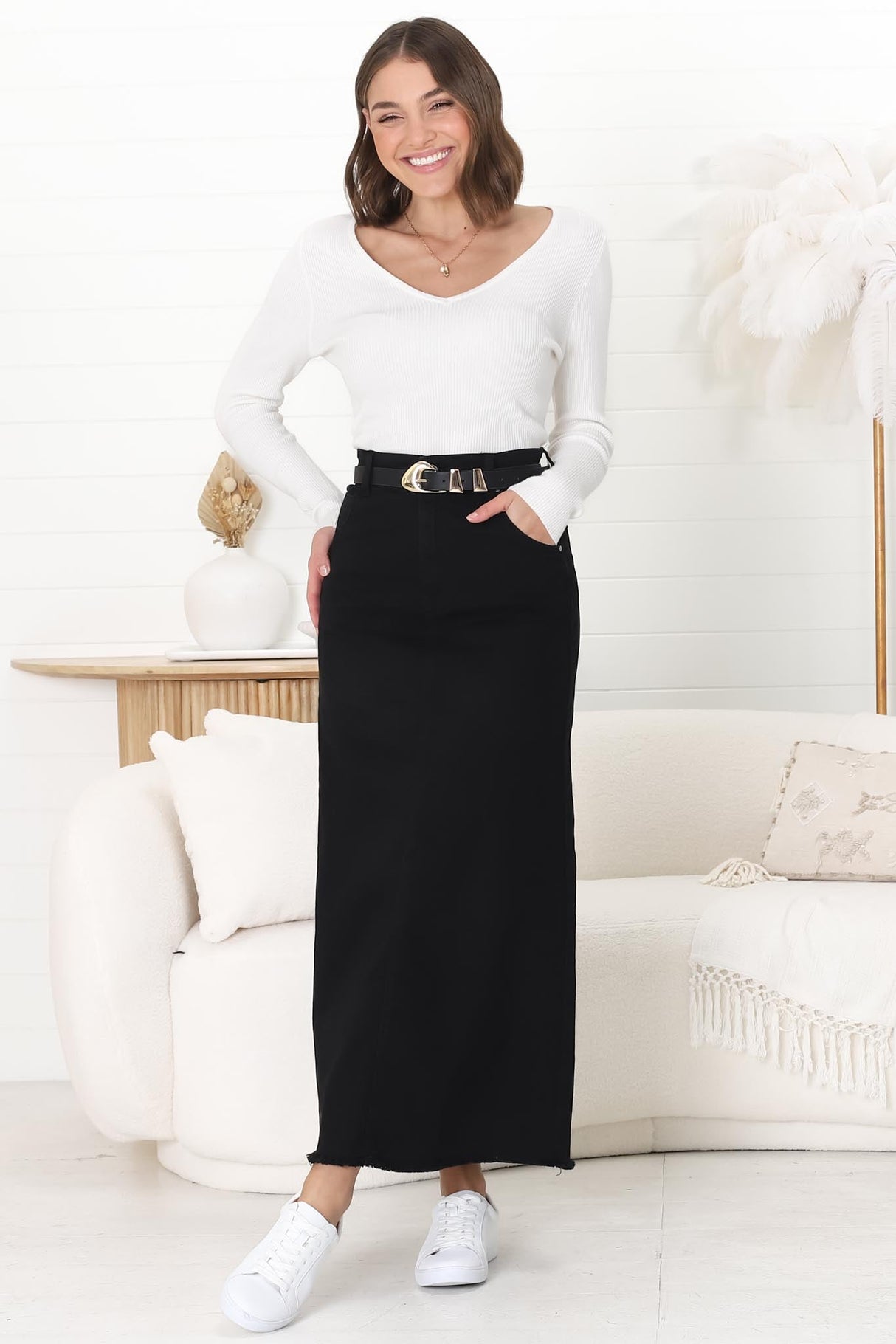 Granger Denim Maxi Skirt - High Waist Stretchy A-Line Skirt in Black