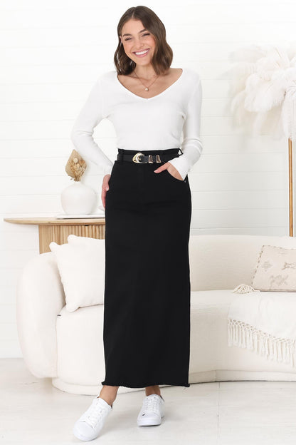 Granger Denim Maxi Skirt - High Waist Stretchy A-Line Skirt in Black