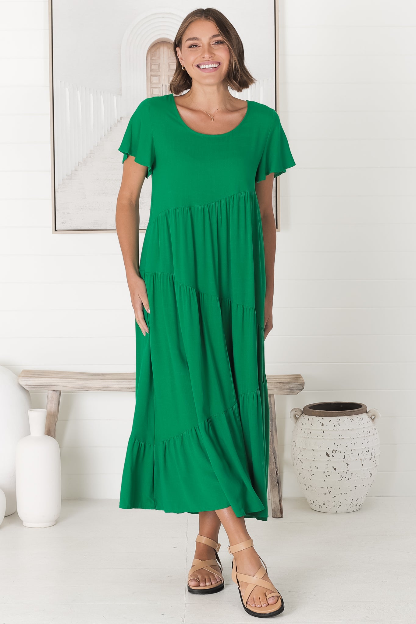 Allegra Midi Dress - Relaxed Asymmetric Tiered Linen Smock Dress in Green