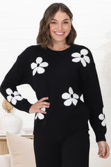 Courtney Jumper - Flower Detail Crew Neck Jumper in Black