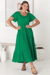 Allegra Midi Dress - Relaxed Asymmetric Tiered Linen Smock Dress in Green