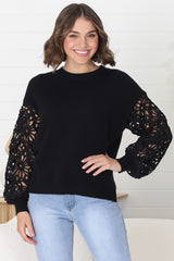 Carley Jumper - Crew Neck Lace Sleeve Knit in Black