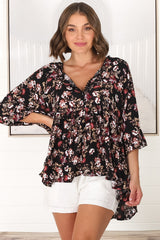 JAASE - Chloe Top: Very Oversized Crochet Trim Neckline Smock Top in Kimber Print