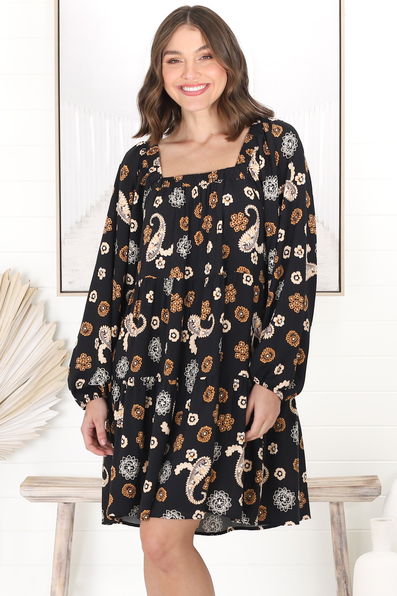 Finnie Mini Dress - On or Off Shoulder Long Sleeve Smock Dress in Paisley Print