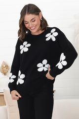 Courtney Jumper - Flower Detail Crew Neck Jumper in Black