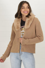 Braiden Cardigan - Detachable Faux Fur Collar Ribbed Cardigan in Camel