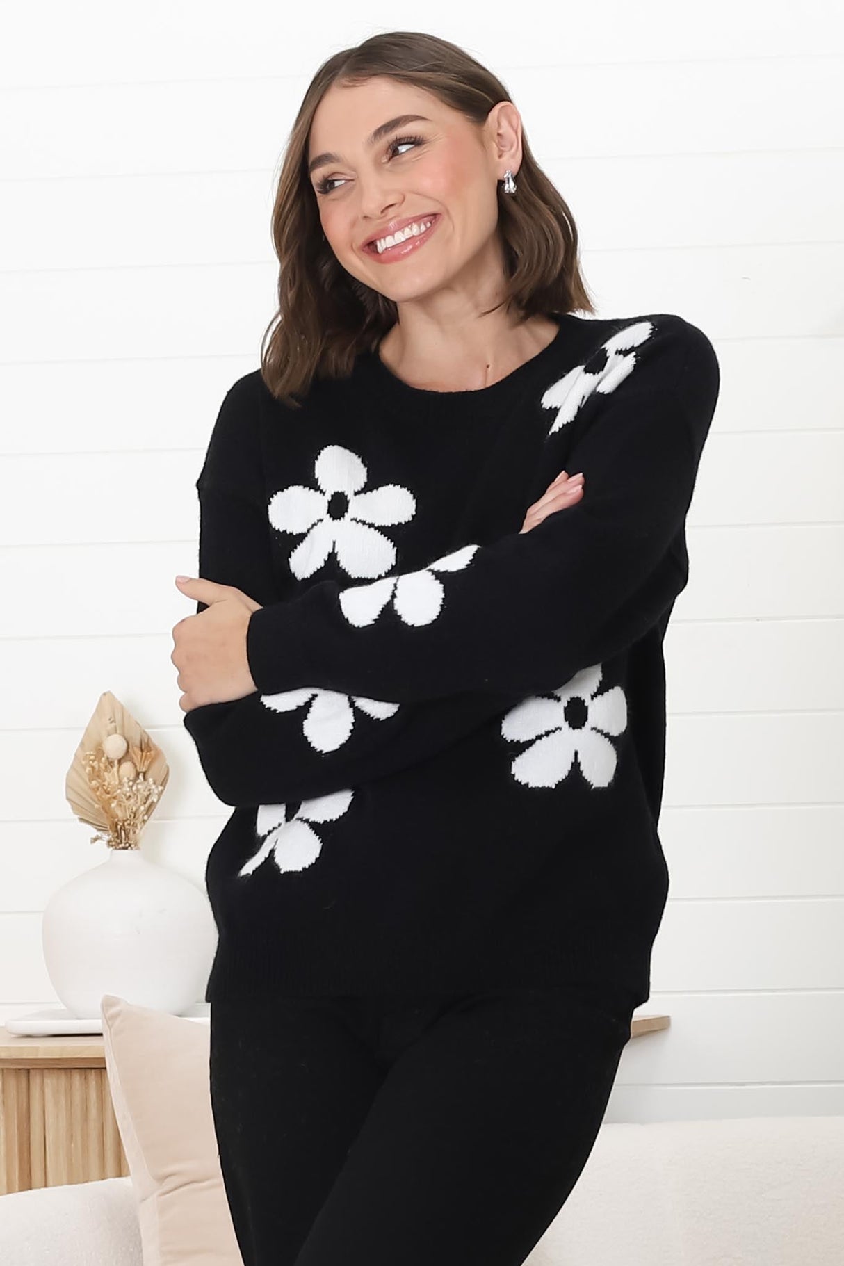 Courtney Jumper - Flower Detail Crew Neck Jumper in Black