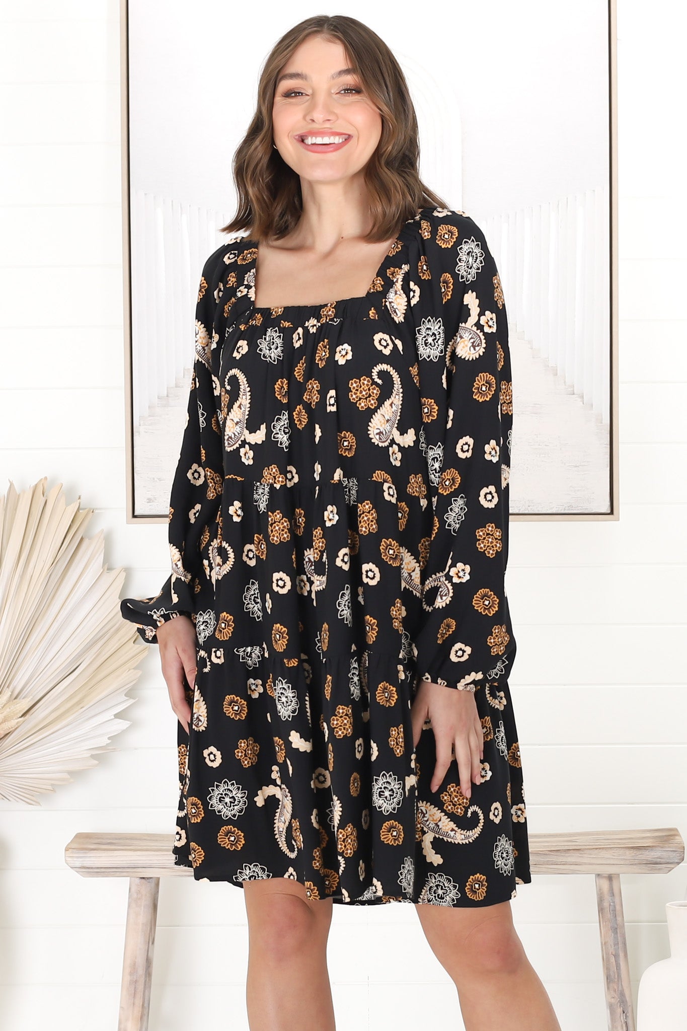 Finnie Mini Dress - On or Off Shoulder Long Sleeve Smock Dress in Paisley Print