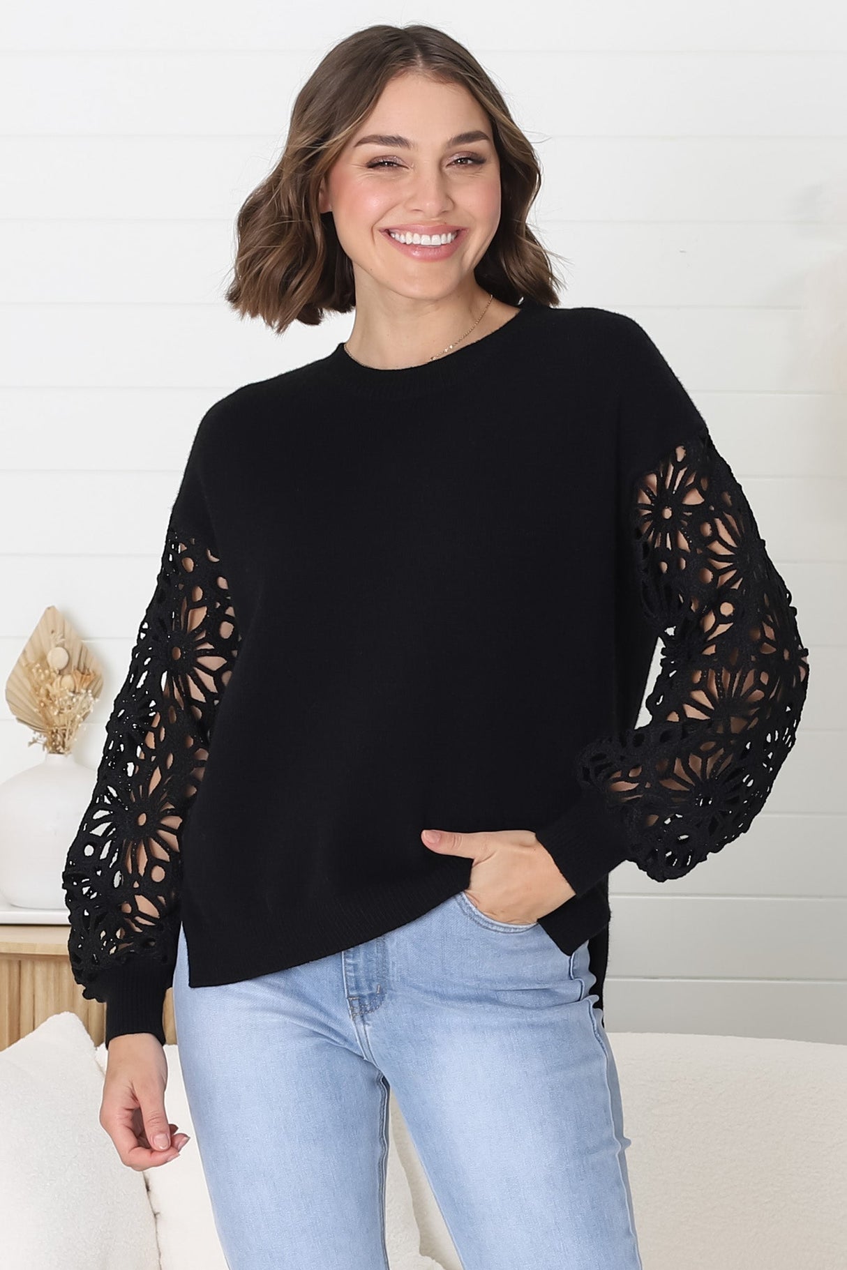 Carley Jumper - Crew Neck Lace Sleeve Knit in Black