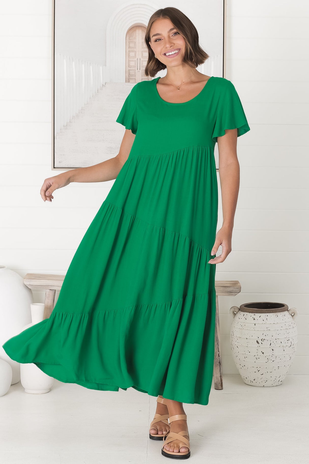 Allegra Midi Dress - Relaxed Asymmetric Tiered Linen Smock Dress in Green