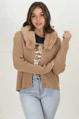 Braiden Cardigan - Detachable Faux Fur Collar Ribbed Cardigan in Camel