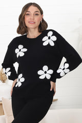 Courtney Jumper - Flower Detail Crew Neck Jumper in Black