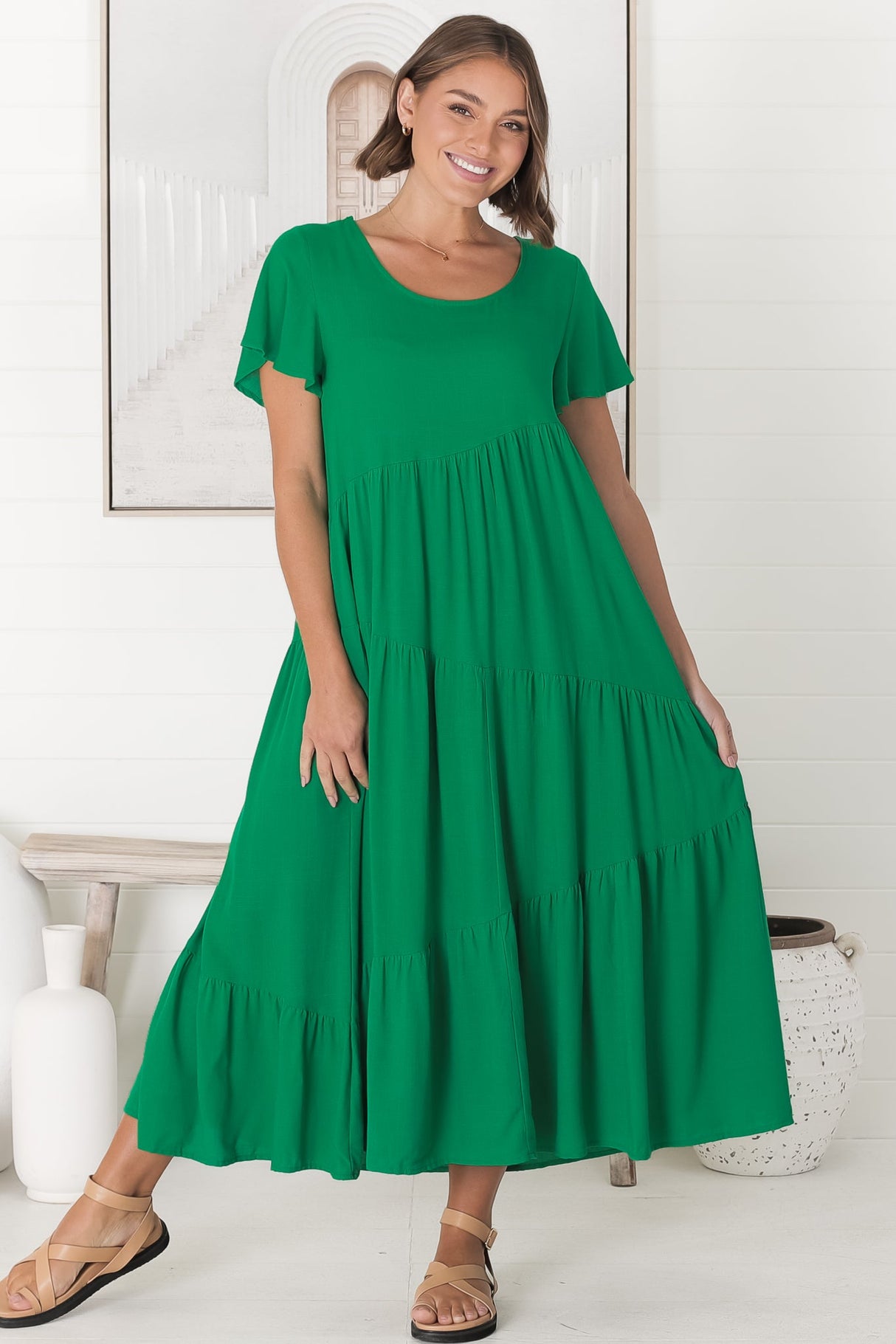 Allegra Midi Dress - Relaxed Asymmetric Tiered Linen Smock Dress in Green