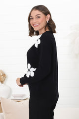 Courtney Jumper - Flower Detail Crew Neck Jumper in Black