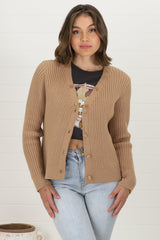 Braiden Cardigan - Detachable Faux Fur Collar Ribbed Cardigan in Camel