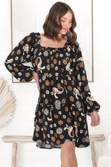 Finnie Mini Dress - On or Off Shoulder Long Sleeve Smock Dress in Paisley Print