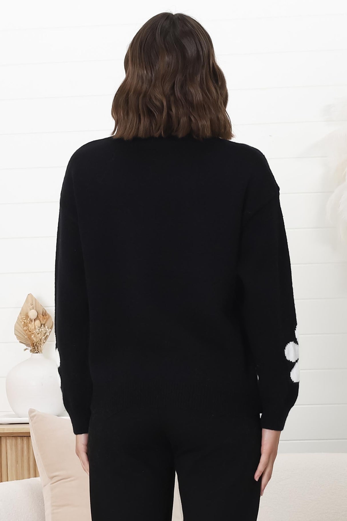 Courtney Jumper - Flower Detail Crew Neck Jumper in Black