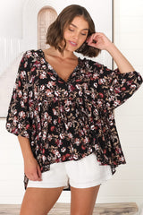 JAASE - Chloe Top: Very Oversized Crochet Trim Neckline Smock Top in Kimber Print