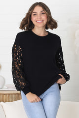 Carley Jumper - Crew Neck Lace Sleeve Knit in Black