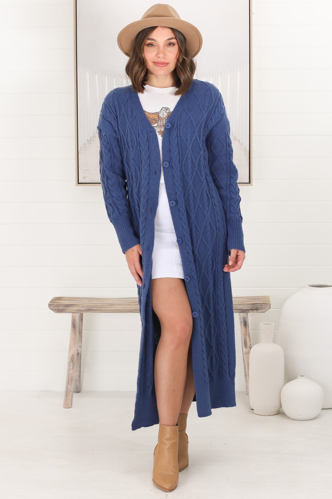 Tommy Cardigan - Long Line Cable Knit Cardigan in Denim Blue
