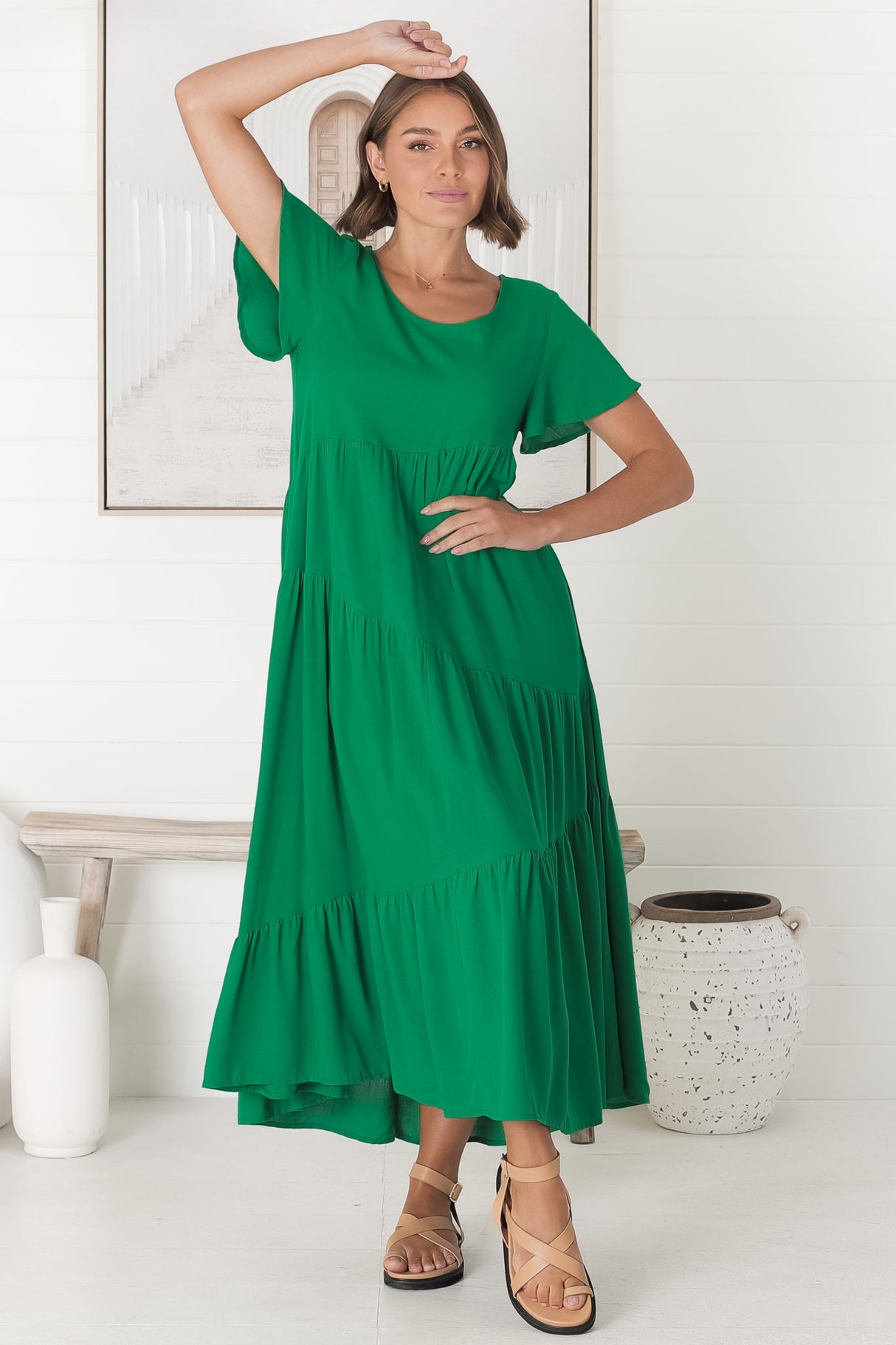 Allegra Midi Dress - Relaxed Asymmetric Tiered Linen Smock Dress in Green