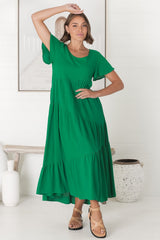 Allegra Midi Dress - Relaxed Asymmetric Tiered Linen Smock Dress in Green