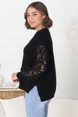 Carley Jumper - Crew Neck Lace Sleeve Knit in Black