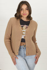 Braiden Cardigan - Detachable Faux Fur Collar Ribbed Cardigan in Camel