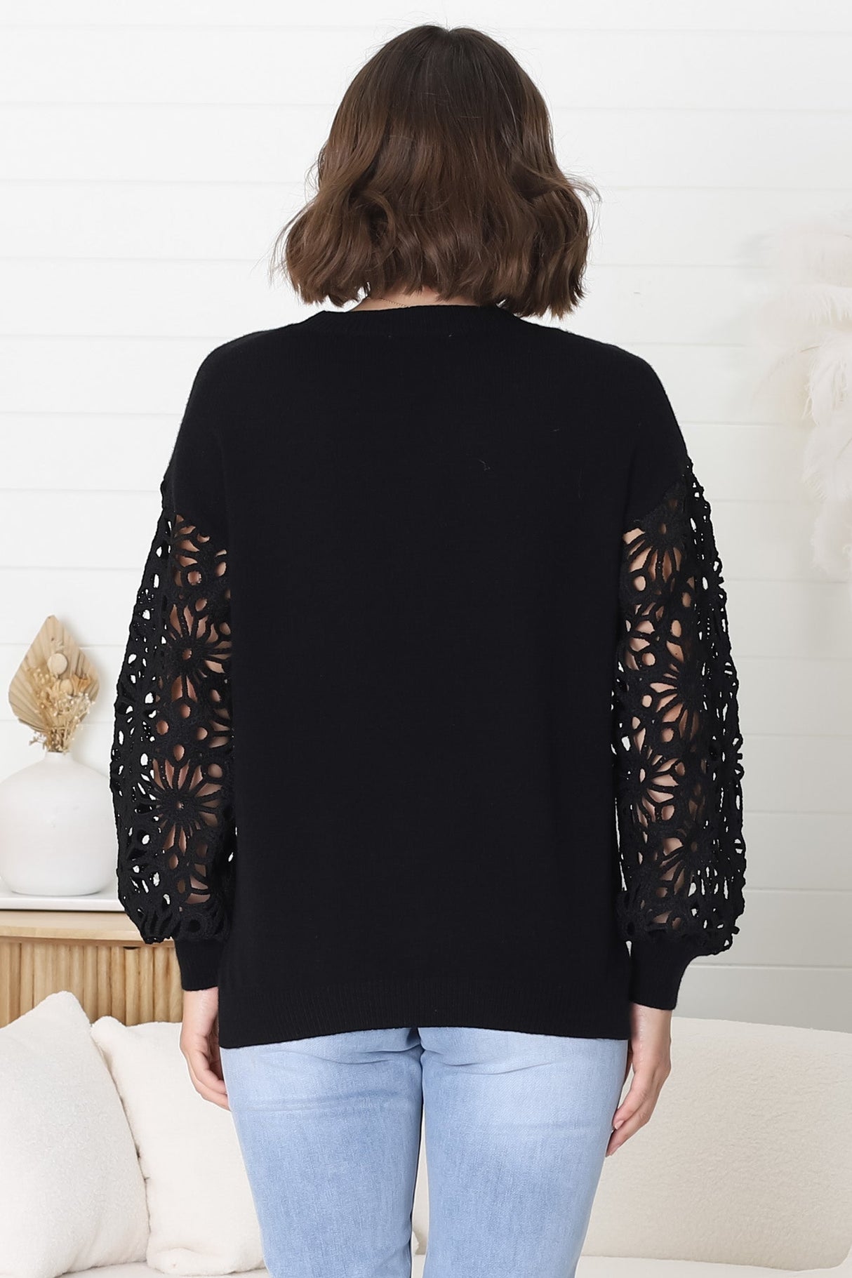 Carley Jumper - Crew Neck Lace Sleeve Knit in Black