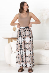 Noah Pants - Elasticated Waist Wide Leg Pant in Calea Print Beige