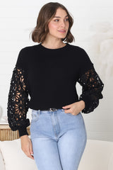 Carley Jumper - Crew Neck Lace Sleeve Knit in Black